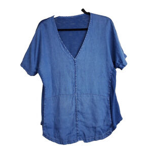XCVI‎ Womens Medium Top Linen Short Sleeve Chambray Blue V-Neck Bohemian Slits